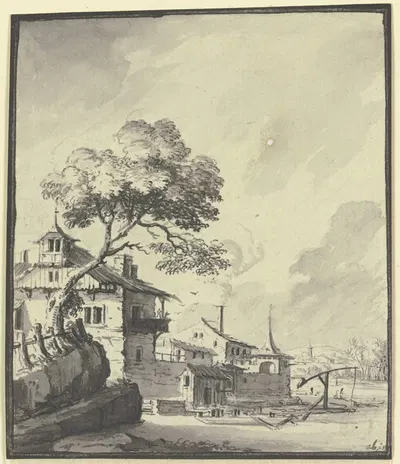 Gebäude an einem Fluß by Иоганн Людвиг Аберли, 1744 — digital art print download