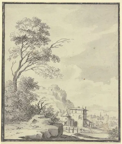 Landschaft mit einem Haus mit Turm by Иоганн Людвиг Аберли, 1744 — digital art print download
