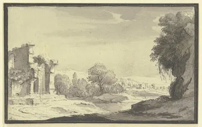 Landschaft mit einer Ruine links im Vordergrund by Иоганн Людвиг Аберли, 1744 — digital art print download
