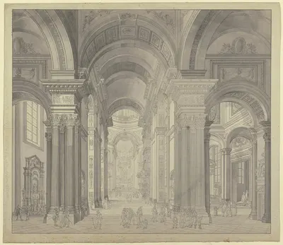 Blick in das Innere einer Barockkirche mit Staffagefiguren in der Tracht des 17. Jahrhunderts by Иоганн Людвиг Эрнст…