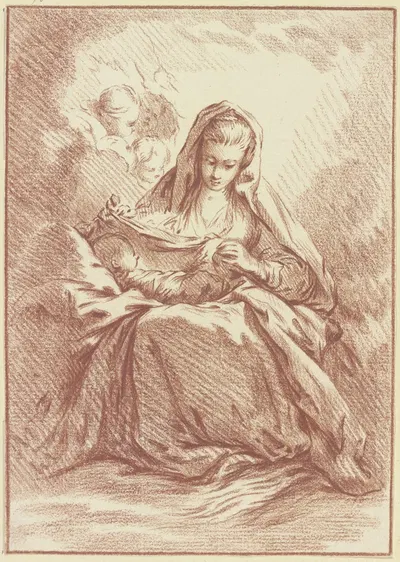 Madonna mit dem Kind auf dem Schoß und drei Engelsköpfchen by Иоганн Людвиг Эрнст Морганштерн — digital art print download