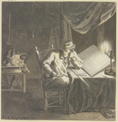 Maler und Geselle im Atelier bei Lampenlicht an ihren Zeichentischen arbeitend by Иоганн Людвиг Эрнст Морганштерн, 1776 —…