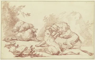 Zwei kämpfende Löwen und zwei kämpfende Bären by Johann Ludwig von Pfeiff — digital art print download