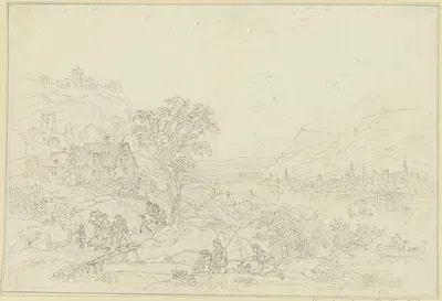 Von Gebirgen umgebenes Flusstal, jenseits des Flusses eine Stadt by Иоганн Петер Ниф, 1792 — digital art print download