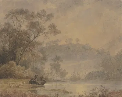 Waldsee, von dessen Ufer ein Kahn mit drei Männern ablegt by Иоганн Вильгельм Ширмер — digital art print download