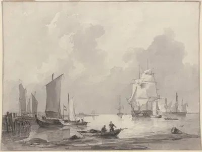 Barken am Strande, rechts größere Schiffe mit Kanonen, vorne rechts eine Barke by Иоганнес Кристиаан Шотель — digital art…