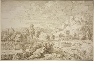 Italienische Landschaft mit Gebäude, auf dem Weg ein Hirte mit Schafen, links drei Figuren by Иоганнес Глаубер — digital…