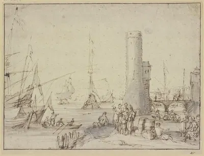 Ein Hafen mit einem Leuchtturm by Иоганнес Лингельбах — digital art print download