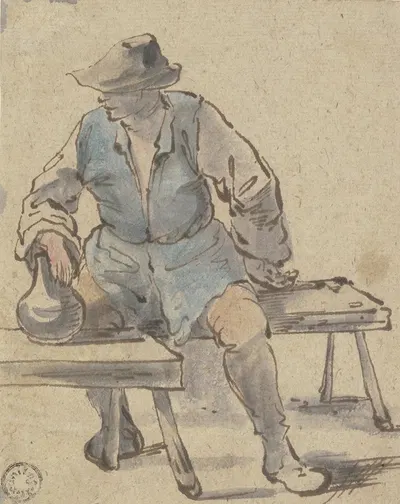 Sitzender Bauer, die Hand auf einen Krug gelegt, der vor ihm auf einer Bank steht by Иоганнес Лингельбах — digital art…