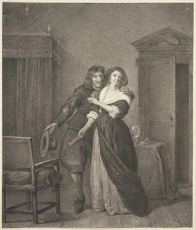 In einem Zimmer mit einem Betthimmel liebkost ein Mann eine junge Frau by Иоганнес Питер де Фрей — digital art print download