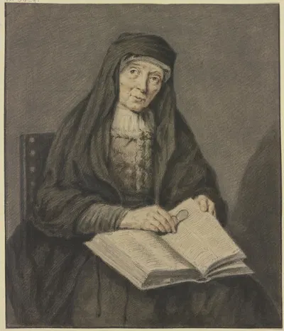 Sitzende alte Frau in einem Buch lesend, sie hält die Brille in der Hand, Kniestück by Иоганнес Питер де Фрей — digital art…