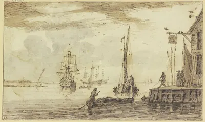 Marine, rechts bei einem Wirtshaus zieht ein Mann einen beladenen Kahn ans Land by Джон Гринвуд — digital art print download