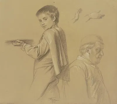 Studienblatt; Page mit Tablett, männliche Halbfigur, zwei Hände by Йозеф Фердинанд Беккер, 1873 — digital art print download