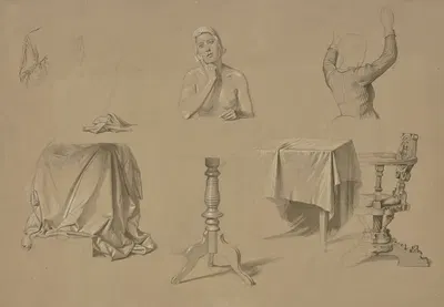 Studienblatt; Weiblicher Halbakt, Frau mit erhobenen Armen, Faltenstudien, Tisch und Lehnstuhl by Йозеф Фердинанд Беккер —…