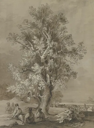Old tree with camping men by Йозеф Фишер, 1799 — digital art print download