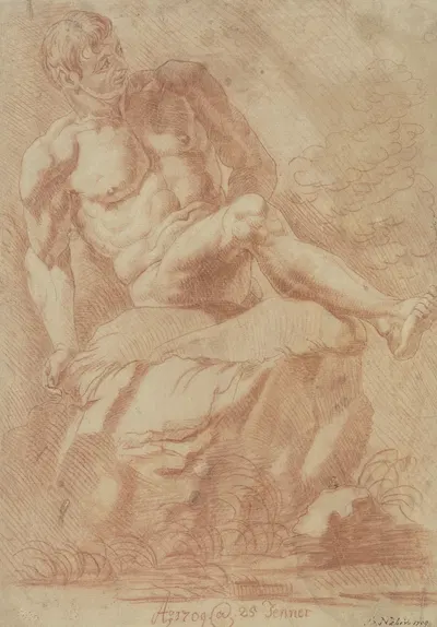 Männlicher Akt auf einem Felsen, nach rechts gewandt by Josef Neher, 1709 — digital art print download