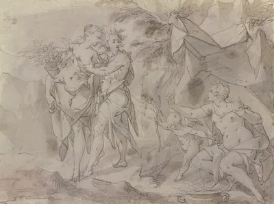 Venus und Amor unter einem Zelt sitzend, links von ihnen stehen Flora und Zephir by Иосиф Хайнц Старший — digital art print…
