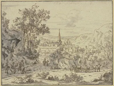 Landschaft mit Dorf, im Vordergrund Reiter und eine Viehherde mit Hirte by Иосуа де Граве — digital art print download