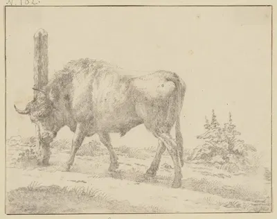 Ein Ochse, der sich mit dem Kopfe an einem Pfahl reibt by Карел Дуйардин — digital art print download