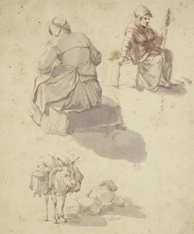 Eine spinnende Frau, eine weitere sitzende Fau in Rückansicht sowie ein beladener Esel, neben ihm der schlafende Treiber by…