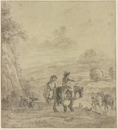 Zwei Reiter an einem Wasser, durch welches ein bepackter Esel geführt wird by Карел Дуйардин — digital art print download