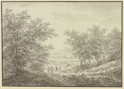 Waldausgang mit Blick auf ein Dörfchen, im Vordergrund vier Figuren by Карл Франц Крауль — digital art print download