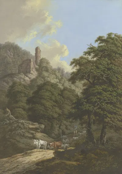 Waldige Berglandschaft mit einer Burgruine, ein Hirte treibt seine Herde von der Weide by Карл Франц Крауль — digital art…