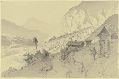 Flusstal im Gebirge, rechts Hütten, davor Mann und Frau by Карл Фридрих Харвенг, 1868 — digital art print download