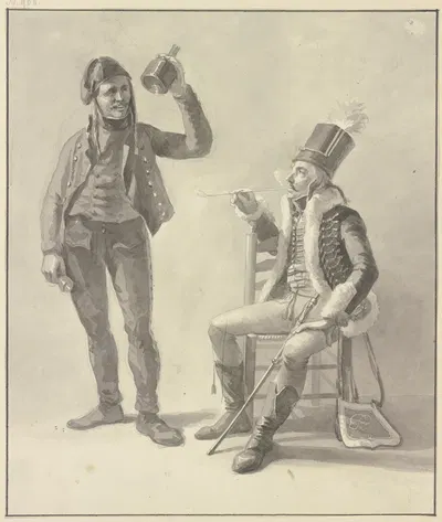 Sitzender rauchender Husar, dabei der Wirt mit Flasche und Glas by Ян Антоний Лангендайк — digital art print download