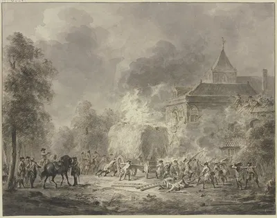 Truppen greifen hinter einem angezündeten Heuwagen ein Kloster an by Ян Антоний Лангендайк — digital art print download