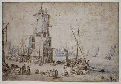 Hafenansicht mit achteckigem Turm und Segelbooten by Ян Брейгель Старший — digital art print download