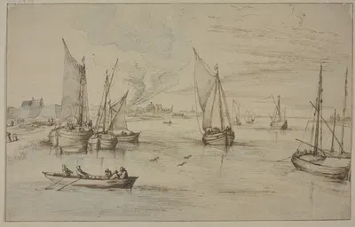Marine mit vielen Schiffen, links ein Dorf, vorn ein Ruderboot by Ян Брейгель Старший — digital art print download