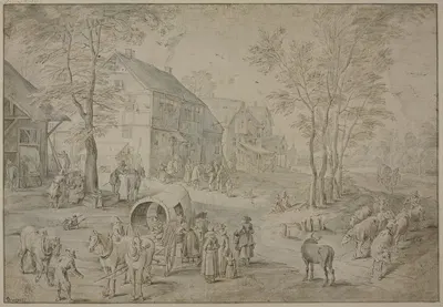 Straße in einem Dorf mit vielen Figuren by Ян Брейгель Старший — digital art print download