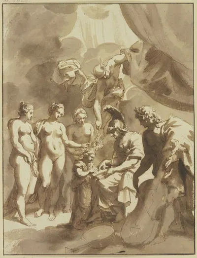 Minerva und Apollo unterweisen ein Kind in den Künsten und Wissenschaften, dabei die drei Grazien sowie Merkur by Jan de…