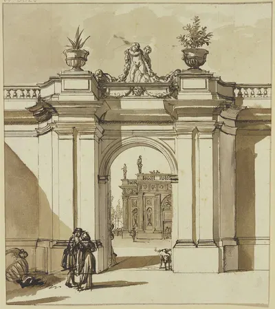 Portal eines Palastes, davor zwei Figuren und ein sitzender Hund by Jan de Bisschop — digital art print download