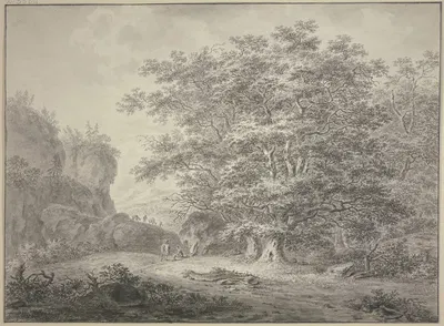 Waldpartie, links Felsen über welche zwei Maultiere mit ihren Führern kommen by Jan Evert Grave — digital art print download