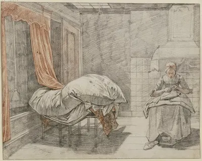 In einem Zimmer rechts eine Näherin, links ein zum Durchlüften aufgelegtes Bett by Ян Жерар Вальдорп — digital art print…