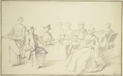 Herren und Damen Wein trinkend, rechts steht ein Klavier by Jan Josef Horemans The Elder — digital art print download