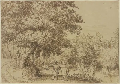 Waldpartie, zwei Reiter sprengen einen Hirsch durchs Wasser, eine Dame zu Pferde sieht zu by Jan Lievens — digital art…