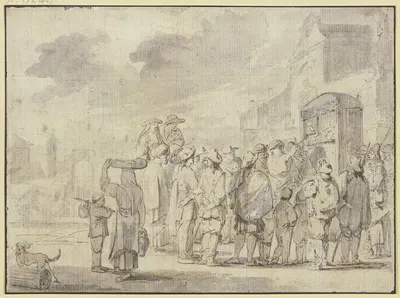 Policinellkasten vor einer Kirche, umgeben von vielen Zuschauern by Ян Миль — digital art print download