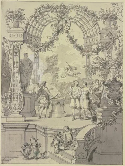 Ein Brautpaar mit Hymen an einem Altar stehend, Amor schwebt über ihnen mit reicher Architektur by Jan Punt, 1745 — digital…