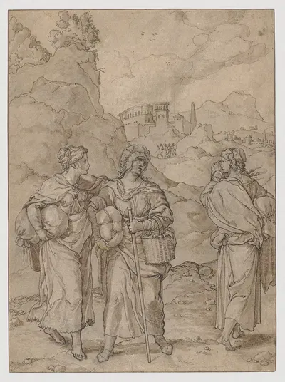 Zwei wandernde Frauen mit Gepäck begegnen einer dritten auf dem Wege by Jan Swart van Groningen — digital art print download