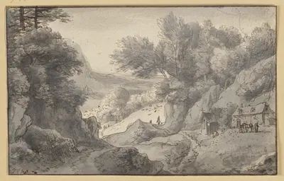 Bergige Landschaft, rechts zwei Hütten, davor ein Pferd bei einem Futterkasten by Ян ван Акен — digital art print download
