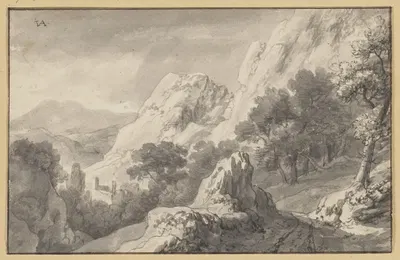 Bergige Landschaft, vorne in der Mitte eine Felspartie by Ян ван Акен — digital art print download
