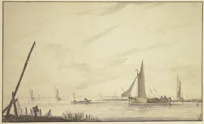 Marine mit vielen Schiffen, links bei einer langen Signalstange ein Fischer mit Netzen by Jan van de Cappelle — digital art…