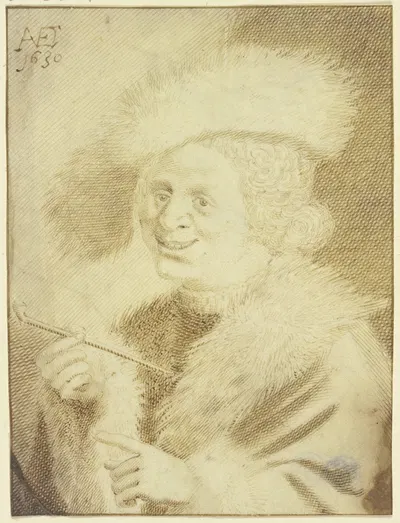 Ein Mann mit Pelzmütze und Pelzrock lachend eine Pfeife haltend by Jan van de Velde II, 1630 — digital art print download