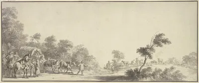 Links am Ausgang des Waldes ein Reisewagen mit drei Pferden, umgeben von vielen Reitern, rechts Hirten mit Herde by Jan van…