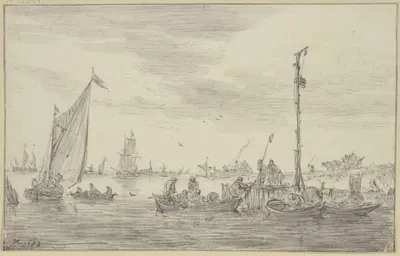 Ein hoher Signalmast halbrechts auf einer Landungsstelle, an der Ruderboote liegen by Ян ван Гойен, 1653 — digital art…