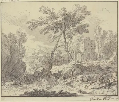 Landschaft mit einem Wasserfall, rechts an einem Baumstamm zwei Figuren by Ян ван Хёйсум — digital art print download