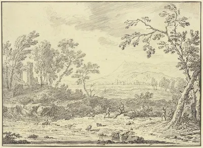 Landschaft mit Ruinen, vorne ein Hirte bei Schafen by Ян ван Хёйсум — digital art print download